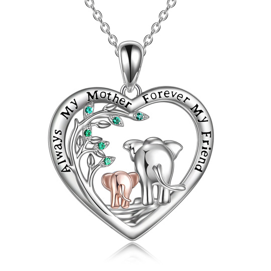 Collana con ciondolo a forma di cuore di elefante madre e figlio in argento sterling bicolore con parola incisa