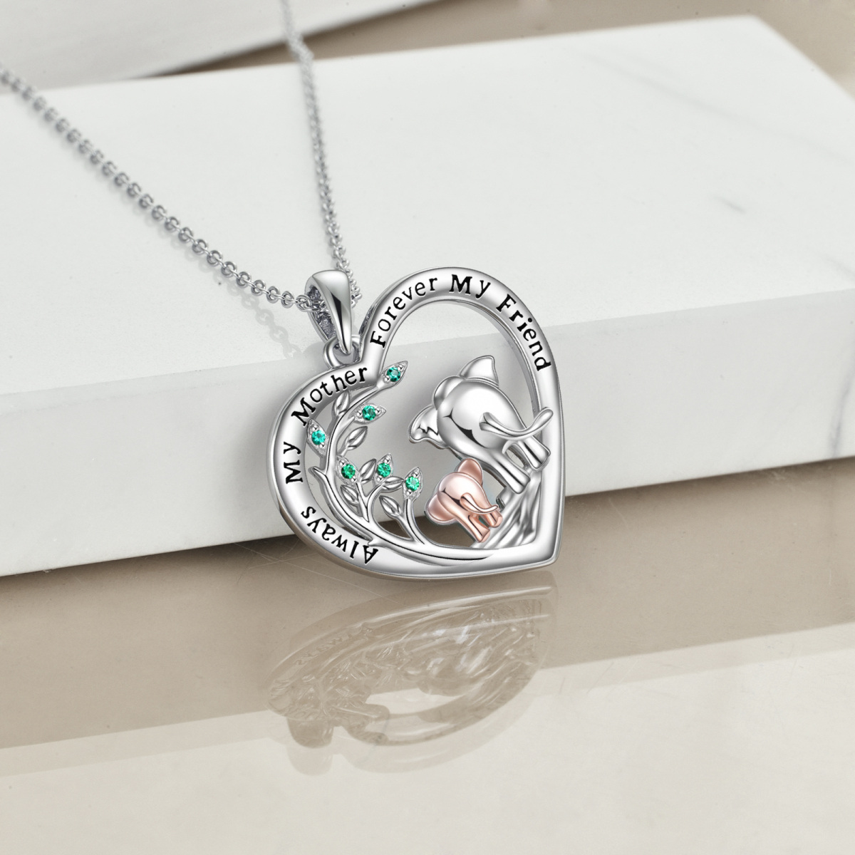 Sterling Silver Two-tone Elephant Mother & Child Heart Pendant Necklace with Engraved Word-4