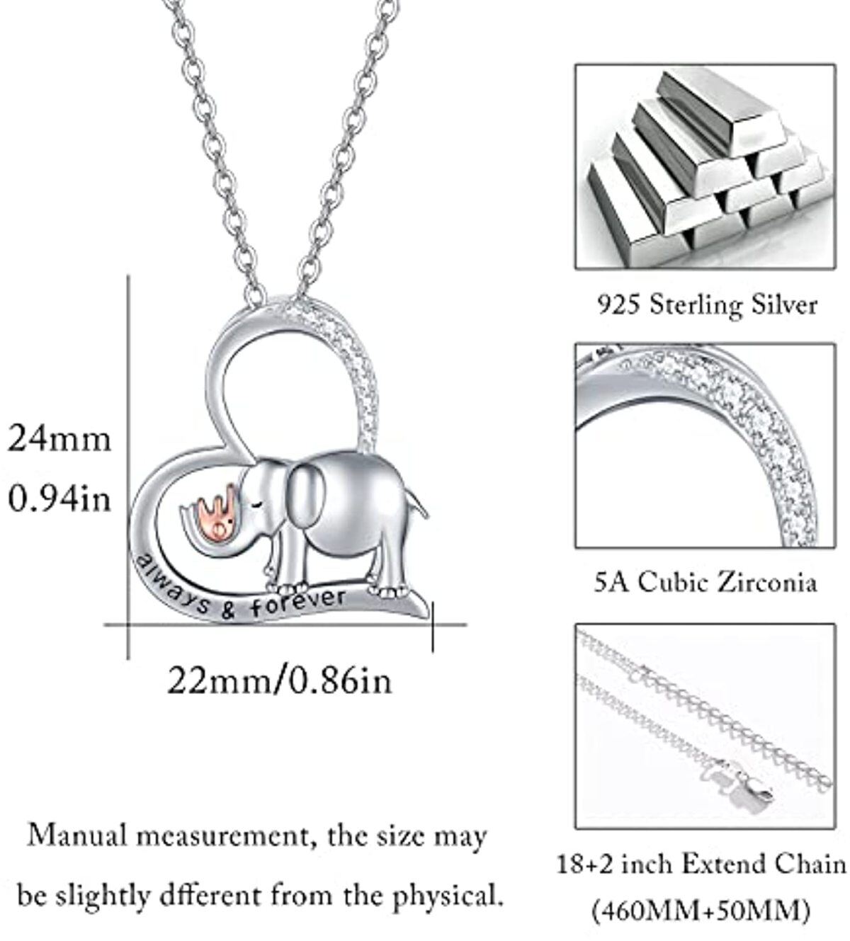 Zweifarbige Halskette mit Elefantenanhänger aus Sterlingsilber mit eingraviertem Wort-5