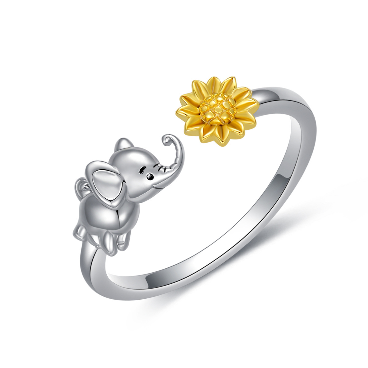 Sterling Silver Two-tone Elephant & Sunflower Open Ring-1