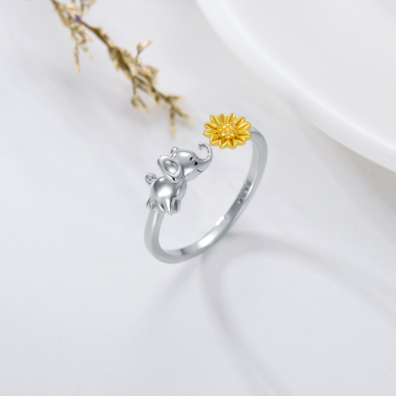 Sterling Silver Two-tone Elephant & Sunflower Open Ring-4