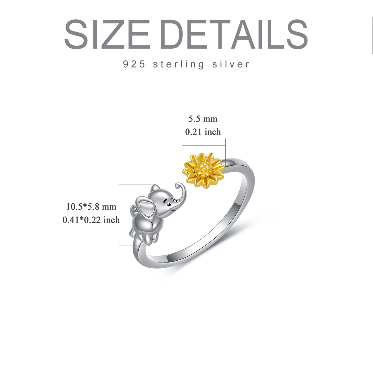 Sterling Silver Two-tone Elephant & Sunflower Open Ring-5