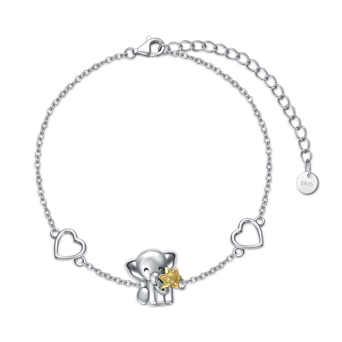 Sterling zilveren tweekleurige olifant en zonnebloem hanger armband-1