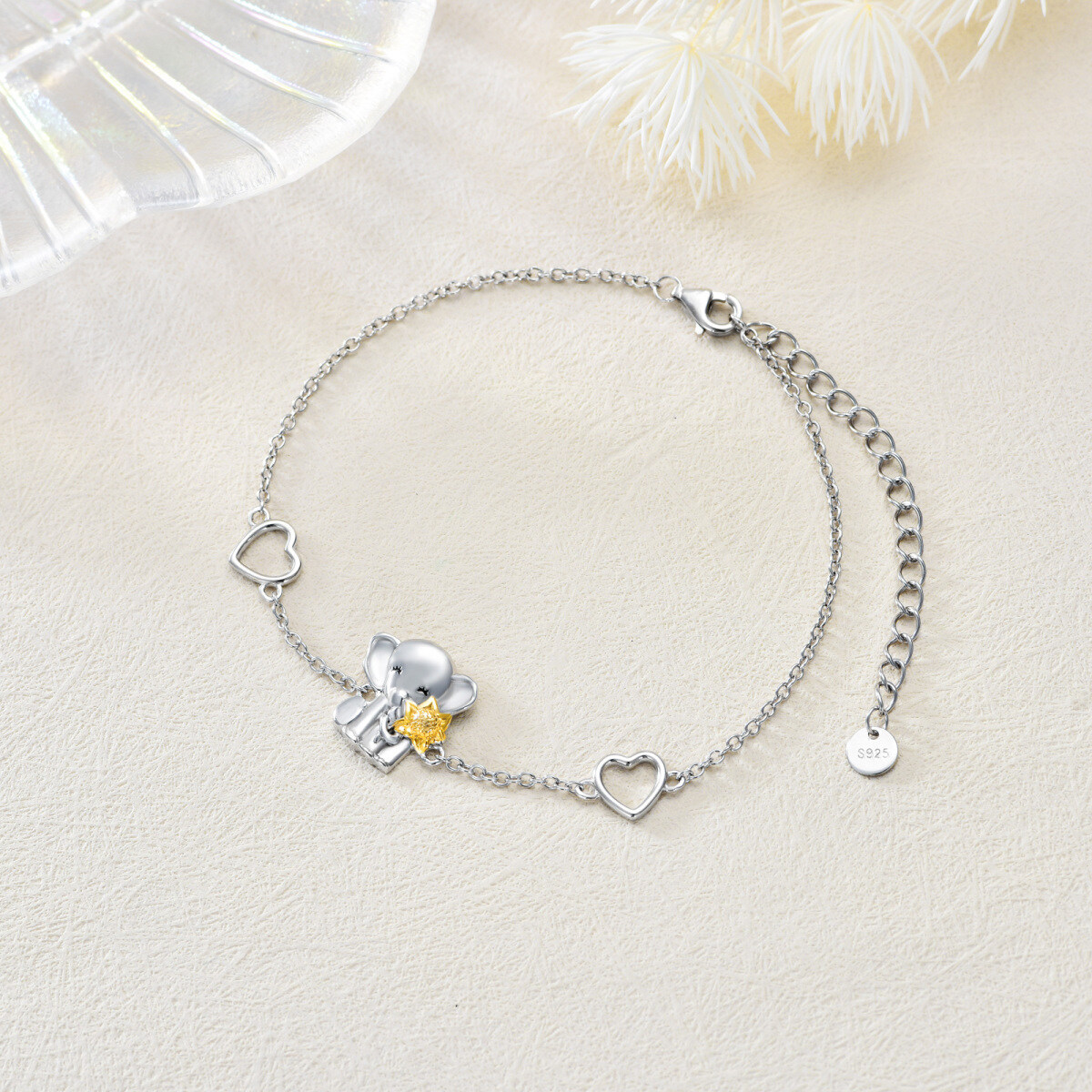 Sterling Silver Two-tone Elephant & Sunflower Charm Bracelet-3