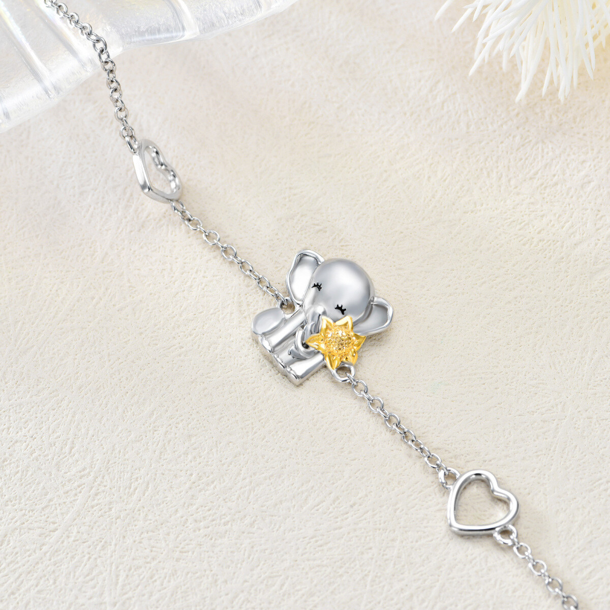 Sterling Silver Two-tone Elephant & Sunflower Pendant Bracelet-4