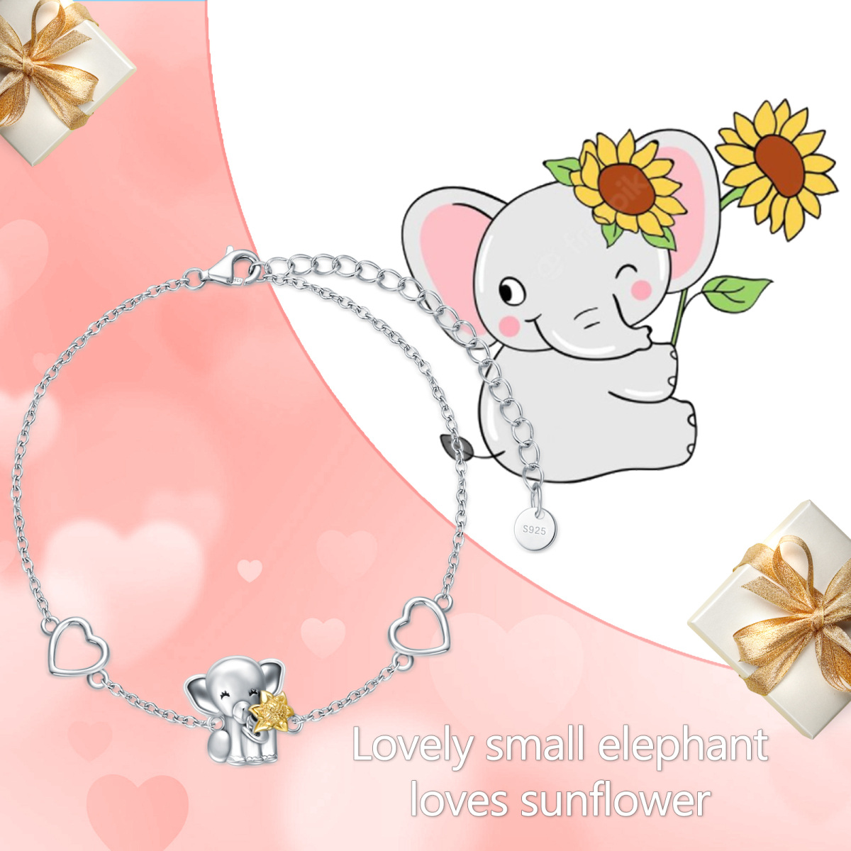 Sterling zilveren tweekleurige olifant en zonnebloem hanger armband-6