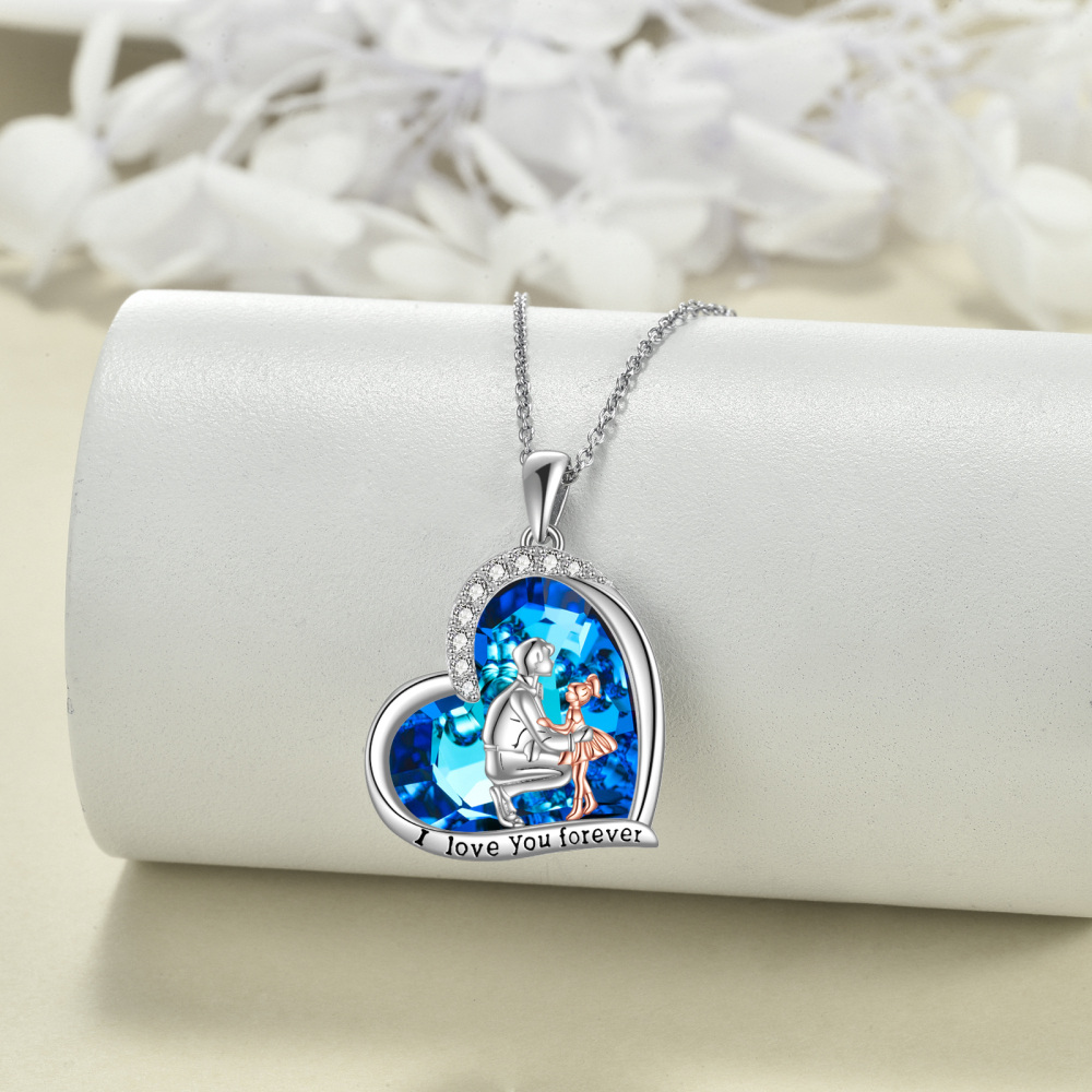 Sterling Silver Two-tone Father & Daughter Heart Crystal Pendant Necklace with Engraved Word-3