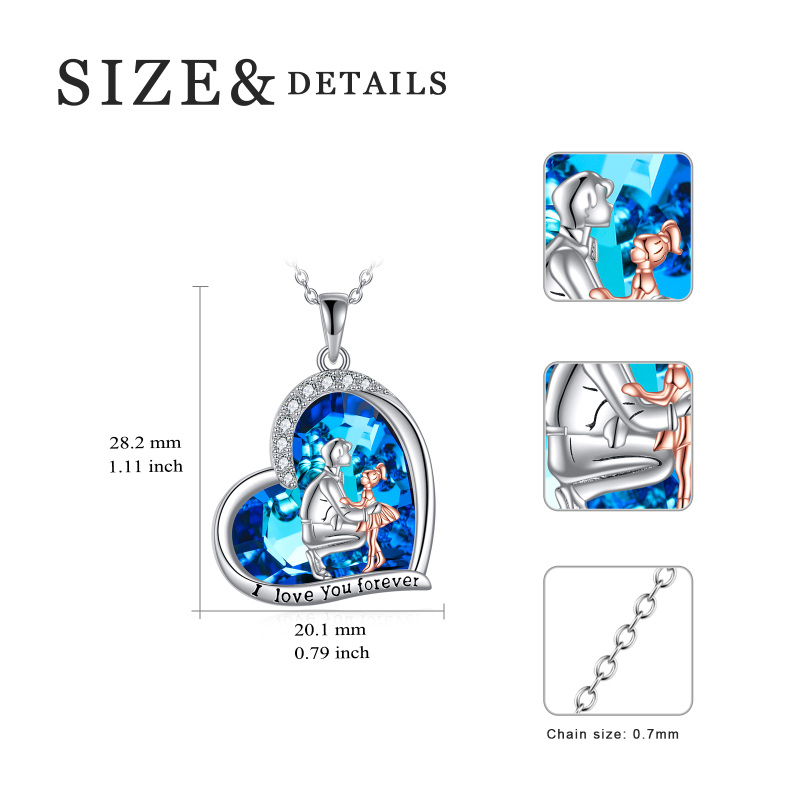 Sterling Silver Two-tone Father & Daughter Heart Crystal Pendant Necklace with Engraved Word-5