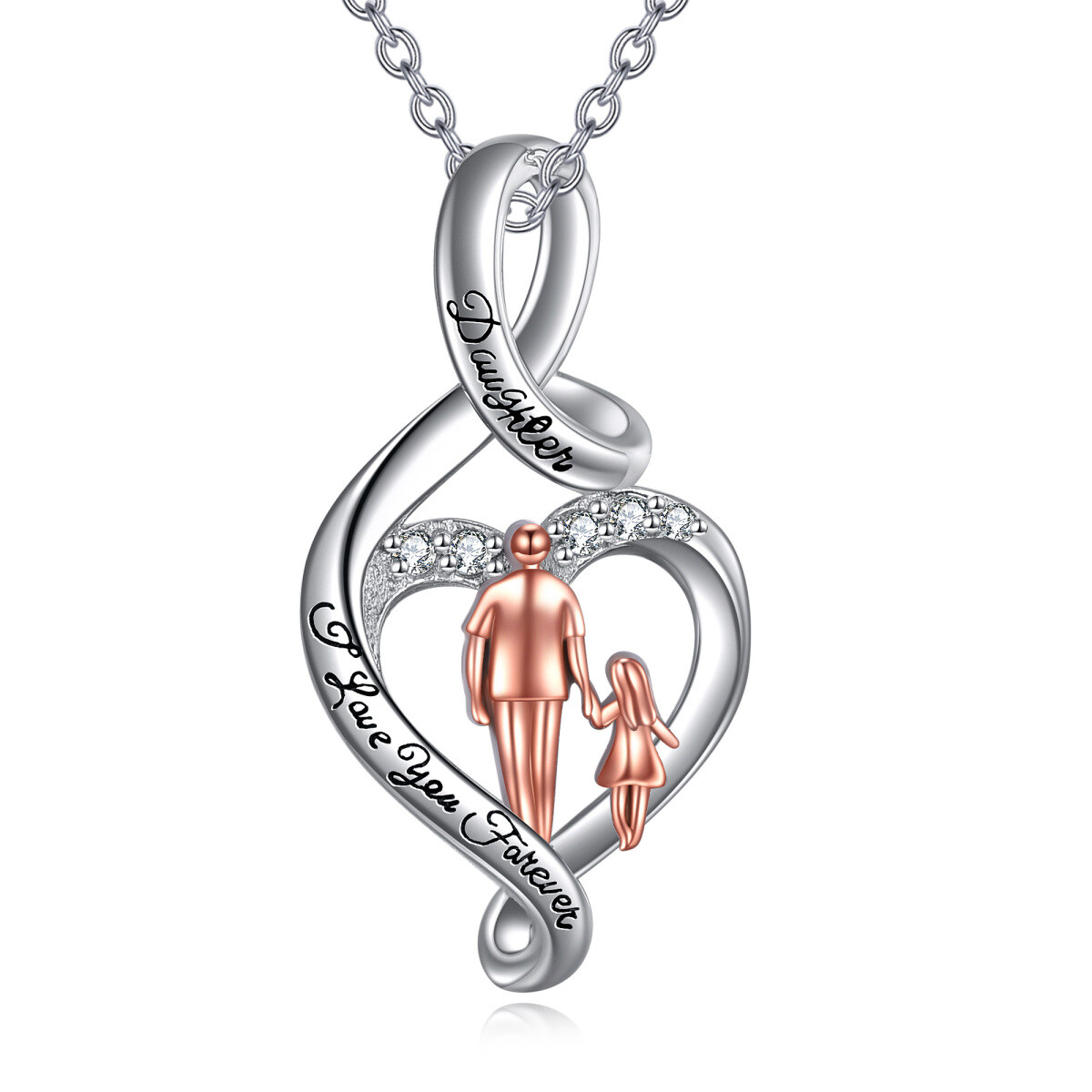 Collier en argent sterling bicolore avec pendentif père et fille en zircon cubique avec symbole du cœur et de l'infini et mot gravé-1