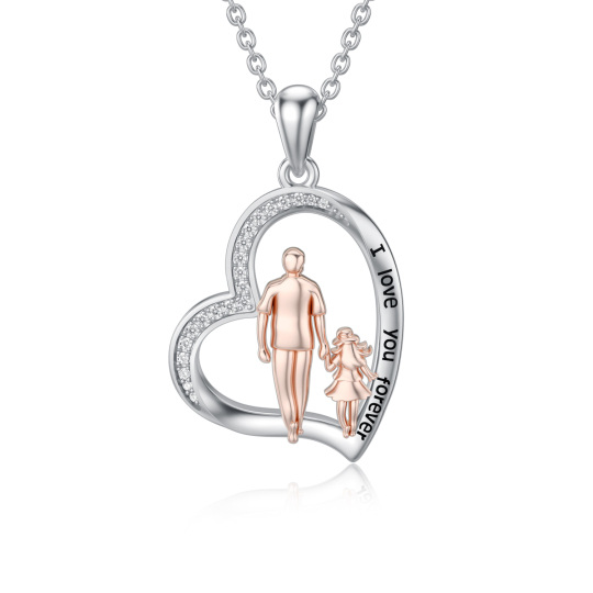 Collier en argent sterling avec pendentif en forme de coeur père et fille en zircon cubique bicolore gravé I Love You Forever