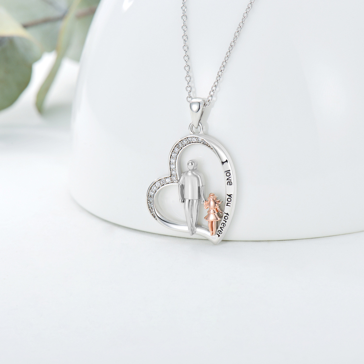 Sterling Silver Two-tone Cubic Zirconia Father & Daughter & Heart Pendant Necklace with Engraved Word-3