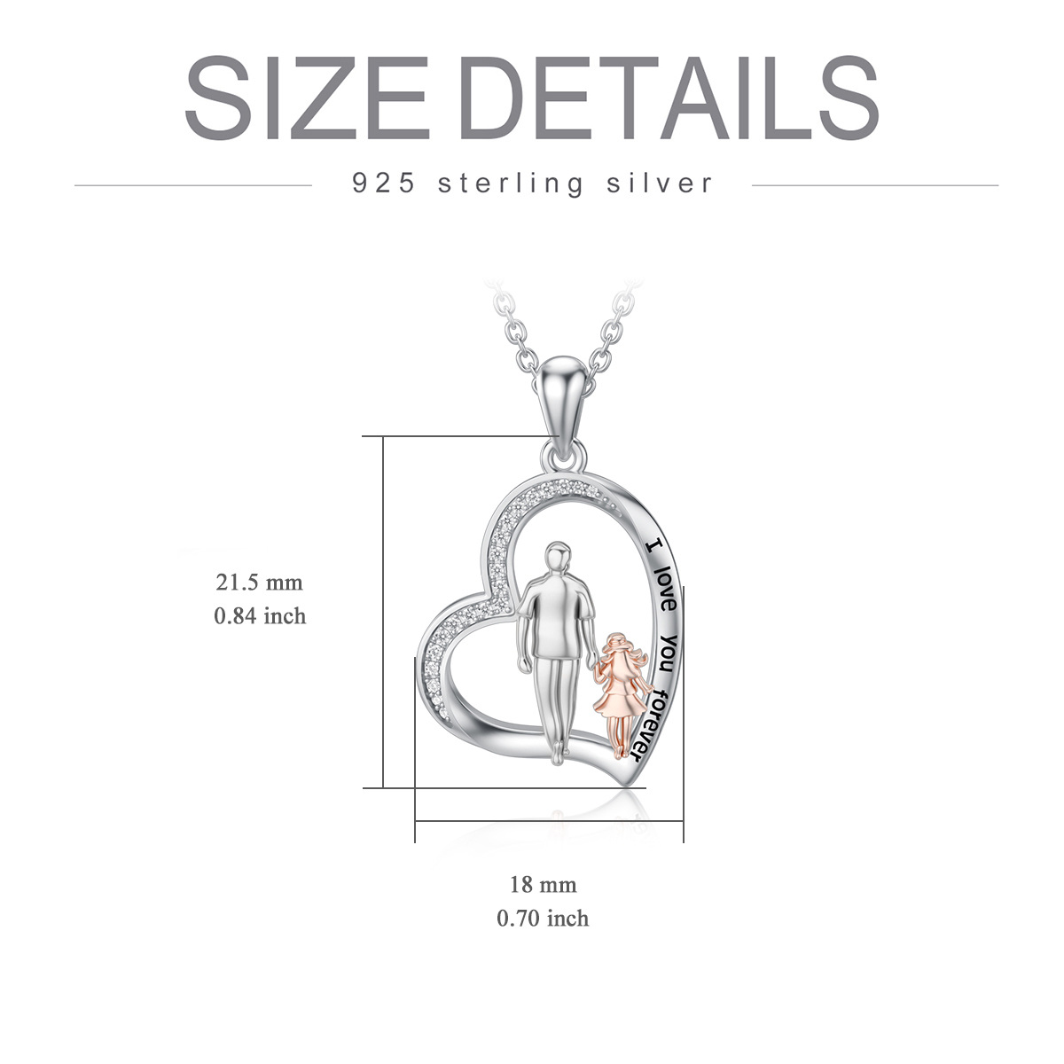 Sterling Silver Two-tone Cubic Zirconia Father & Daughter & Heart Pendant Necklace with Engraved Word-5