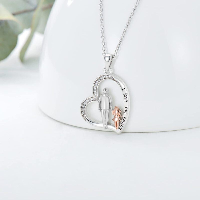 Sterling Silver Two-tone Cubic Zirconia Father & Daughter & Heart Pendant Necklace-3