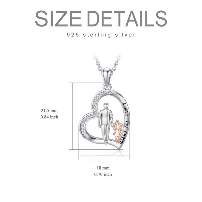 Sterling Silver Two-tone Cubic Zirconia Father & Daughter & Heart Pendant Necklace-5