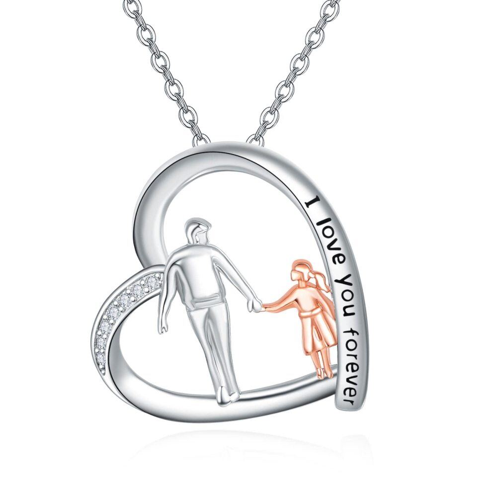 Sterling Silver Two-tone Cubic Zirconia Father & Daughter Heart Pendant Necklace with Engraved Word-1