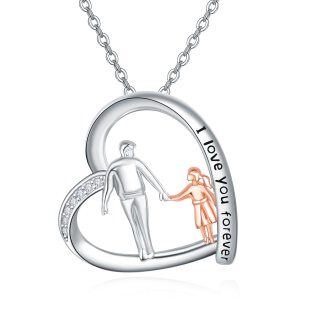 Sterling Silver Two-tone Cubic Zirconia Father & Daughter Heart Pendant Necklace with Engraved Word-7