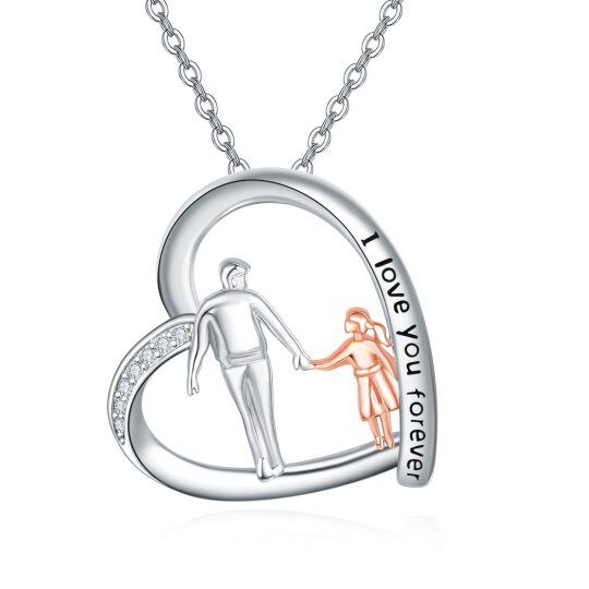 Sterling Silver Two-tone Cubic Zirconia Father & Daughter Heart Pendant Necklace with Engraved Word