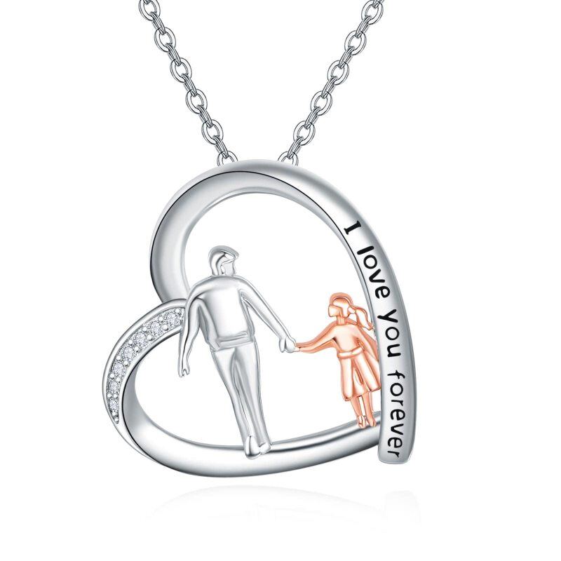 Sterling Silver Two-tone Cubic Zirconia Father & Daughter Heart Pendant Necklace with Engraved Word-15