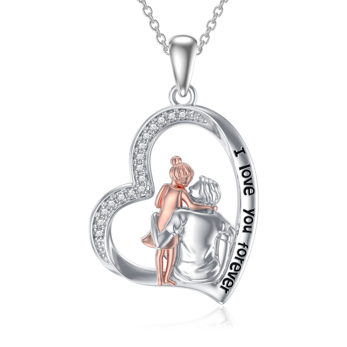 Collana con ciondolo a cuore in argento sterling bicolore Father Holds Daughter con parola incisa-1