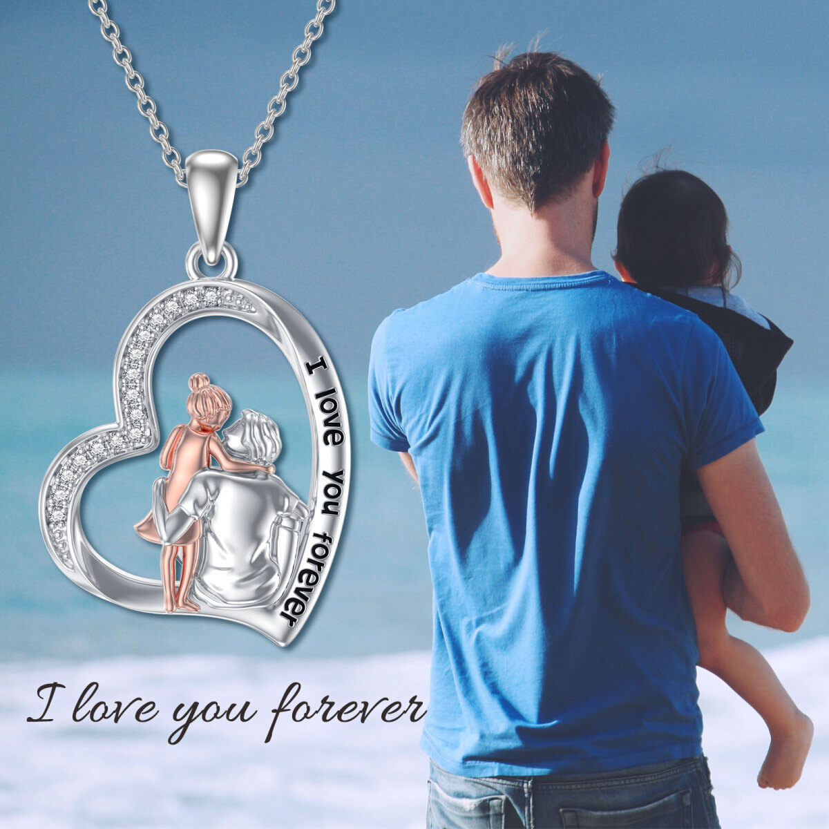 Collana con ciondolo a cuore in argento sterling bicolore Father Holds Daughter con parola incisa-3