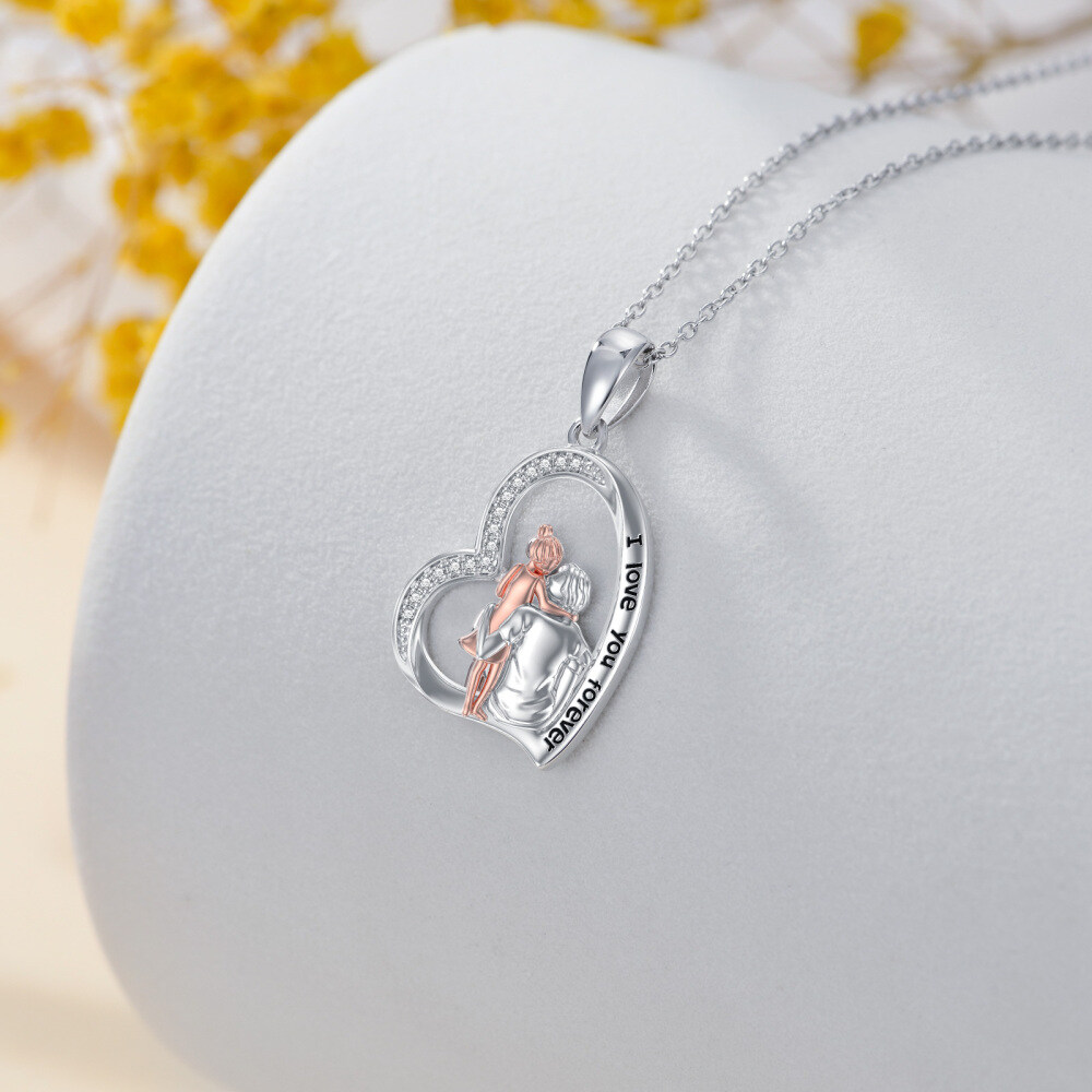 Sterling Silver Two-tone Father Holds Daughter Heart Pendant Necklace with Engraved Word-4