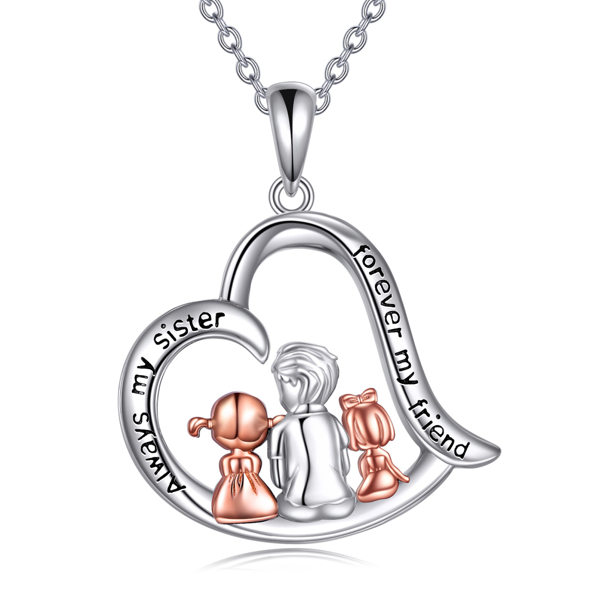 Sterling Silver Two-tone Father & Sisters Heart Pendant Necklace with Engraved Word-1