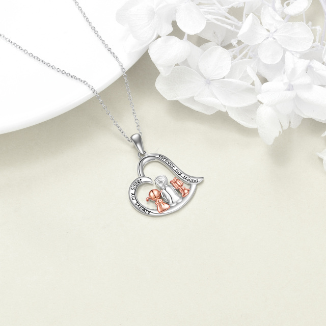 Sterling Silver Two-tone Father & Sisters Heart Pendant Necklace with Engraved Word-5