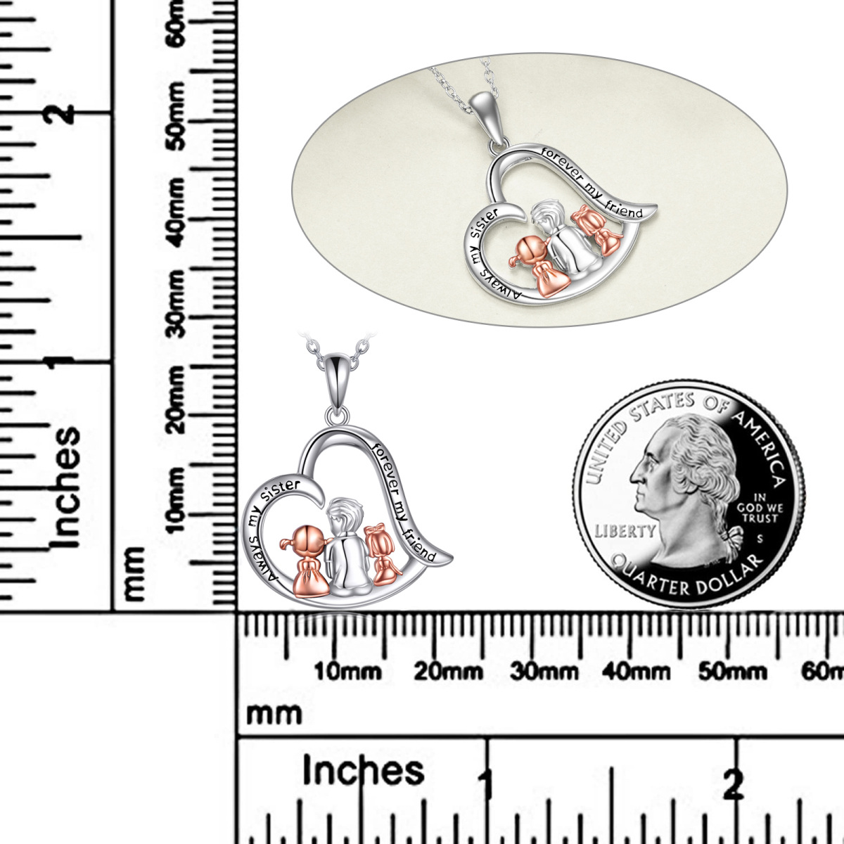 Sterling Silber zweifarbig Vater & Schwestern Herz Anhänger Halskette mit eingraviertem Wort-6