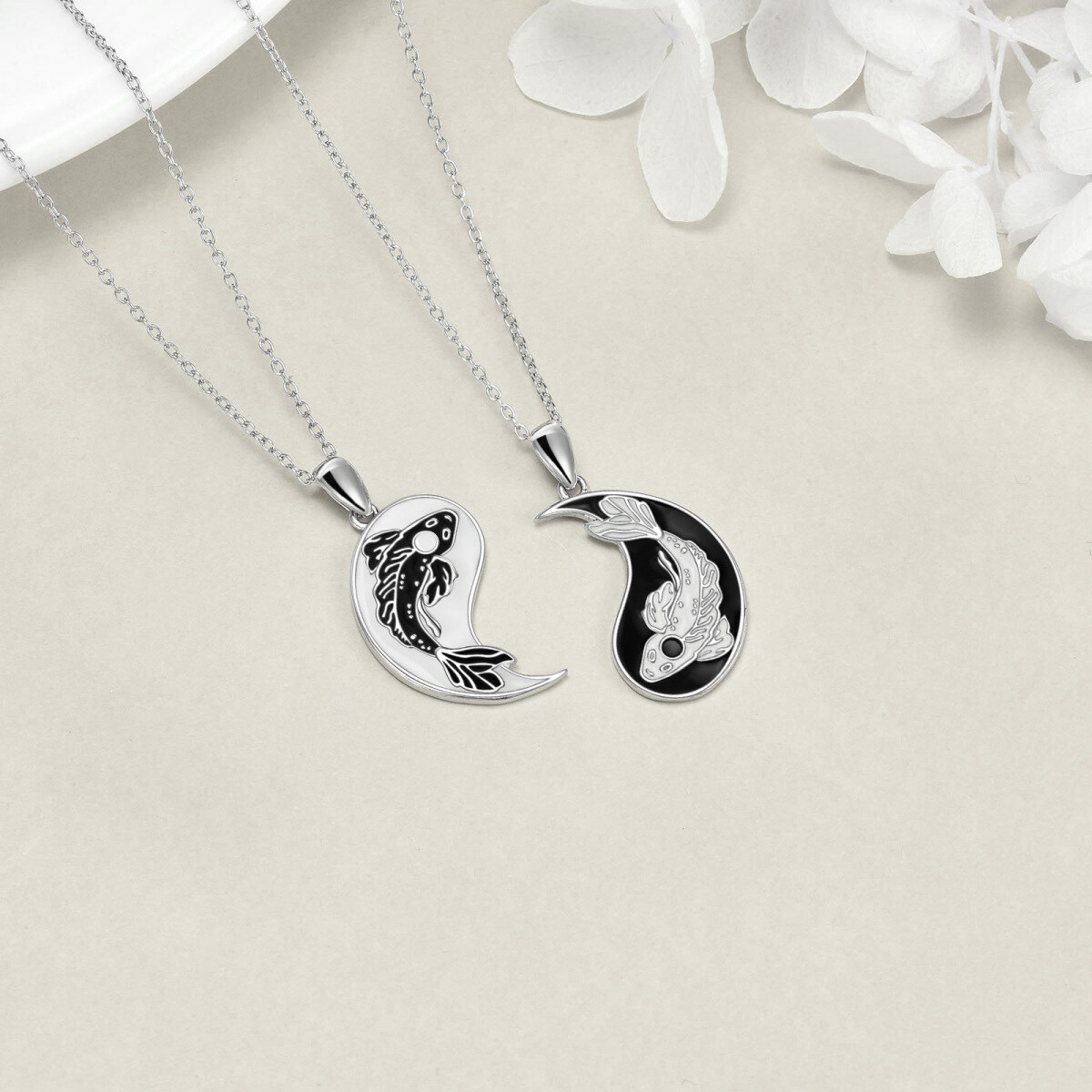 Collier pendentif couple de poissons bicolore en argent sterling-4