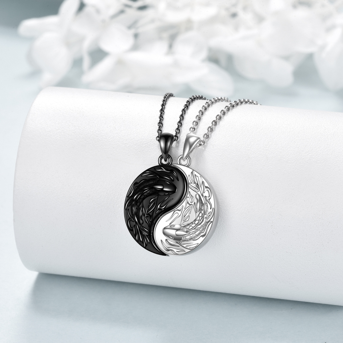 Sterling Silver Two-tone Fish & Yin Yang Pendant Necklace-3