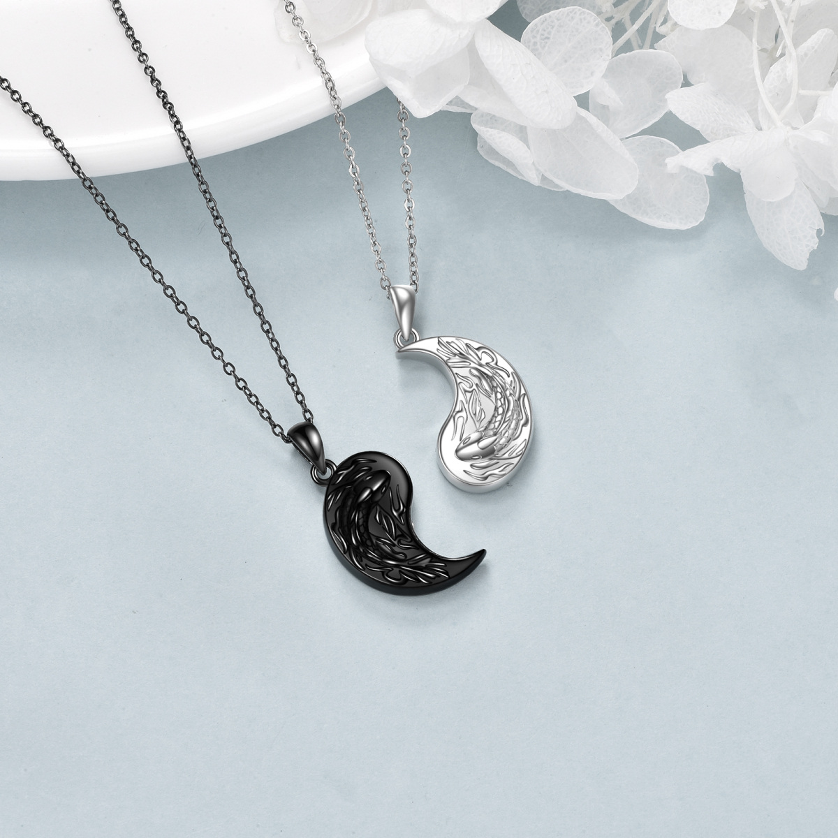 Sterling Silver Two-tone Fish & Yin Yang Pendant Necklace-4