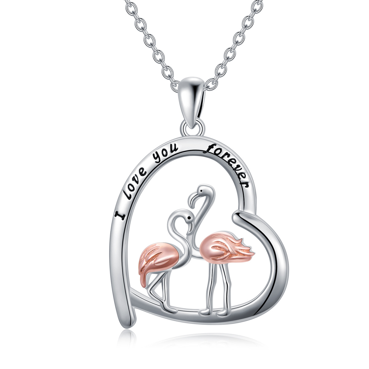 Sterling zilveren tweekleurige flamingo & hart hanger ketting-1