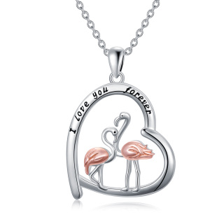 Sterling Silver Two-tone Flamingo & Heart Pendant Necklace-4