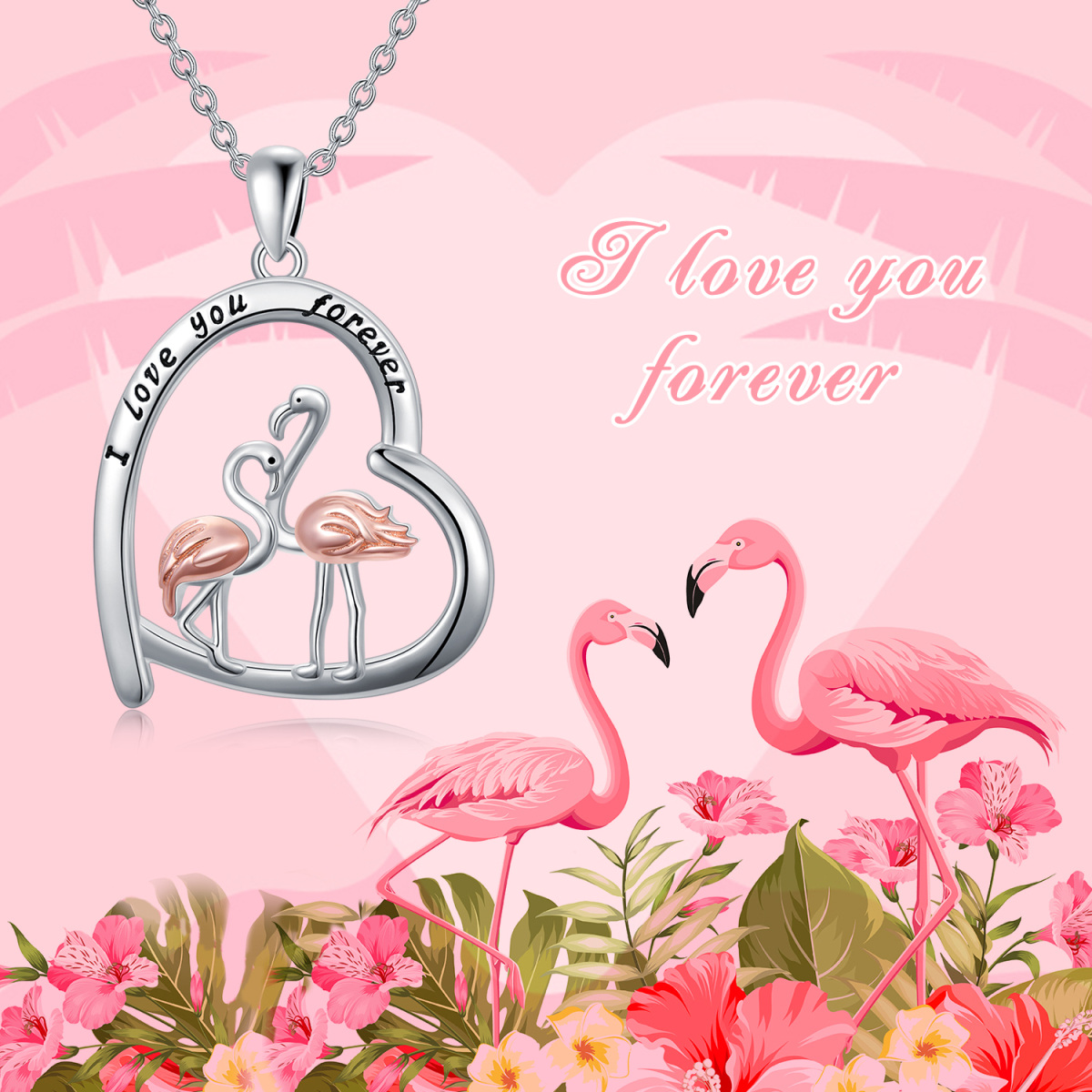 Sterling zilveren tweekleurige flamingo & hart hanger ketting-3