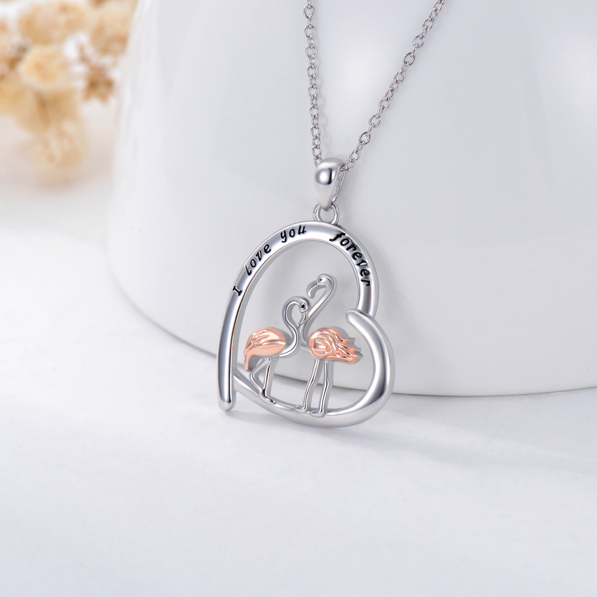 Sterling Silver Two-tone Flamingo & Heart Pendant Necklace-4