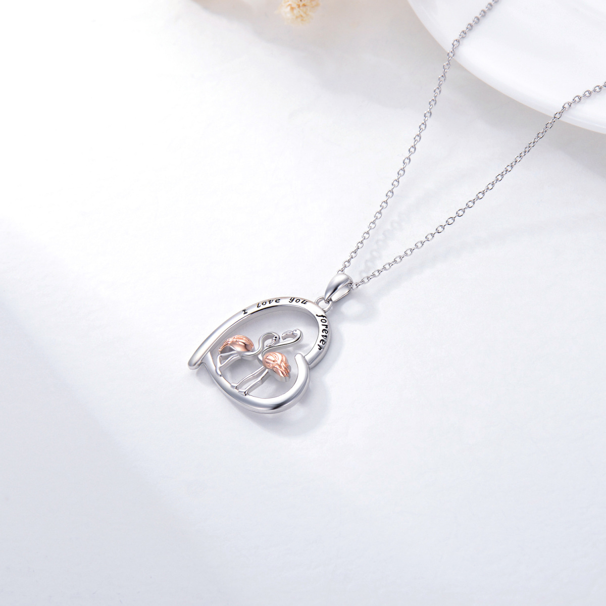 Sterling Silver Two-tone Flamingo & Heart Pendant Necklace-5