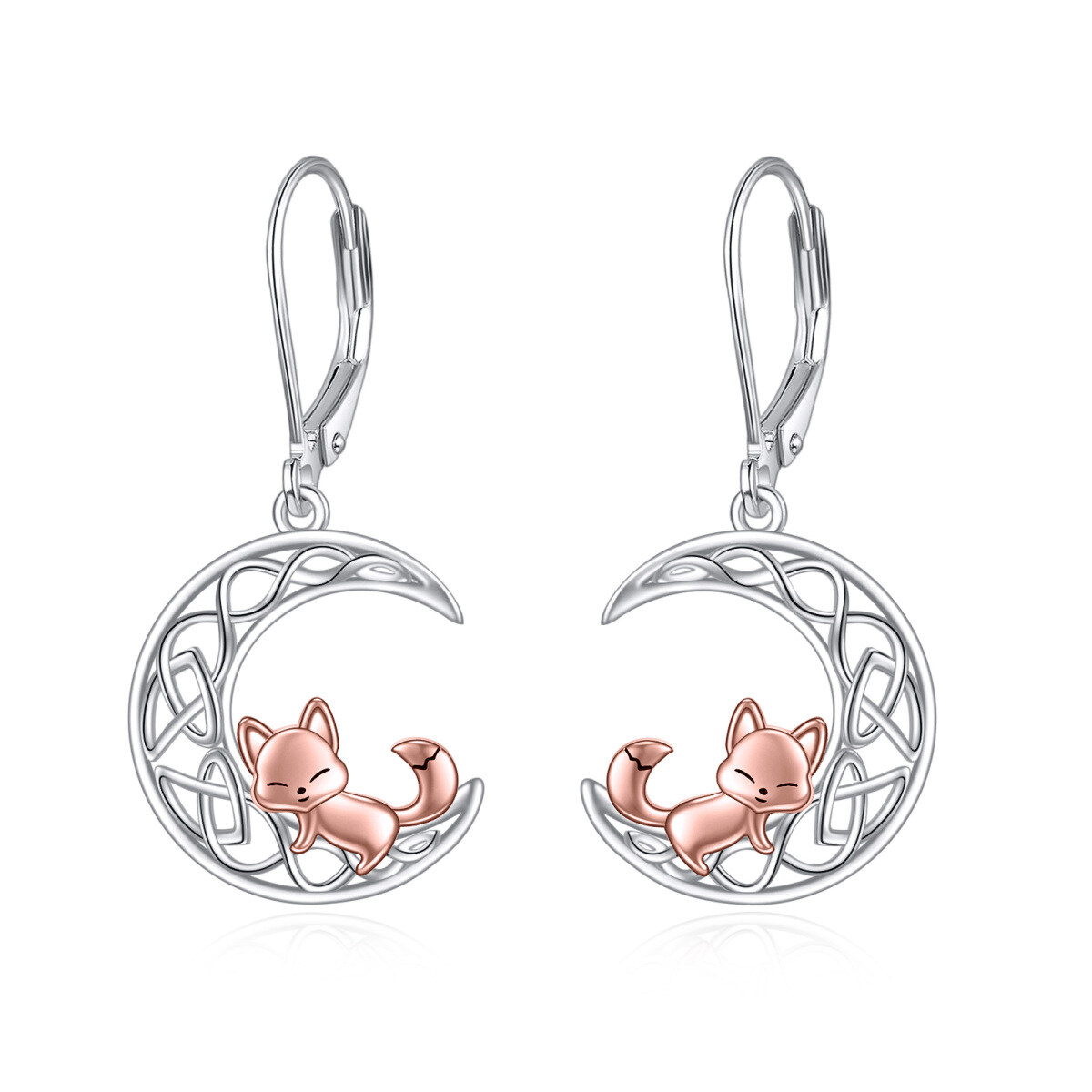 Orecchini a leva da donna in argento sterling bicolore con volpe e luna con nodo celtico