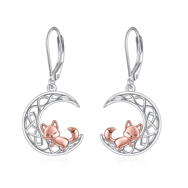 Boucles d'oreilles à levier en argent sterling bicolore renard, nœud celtique et lune-1