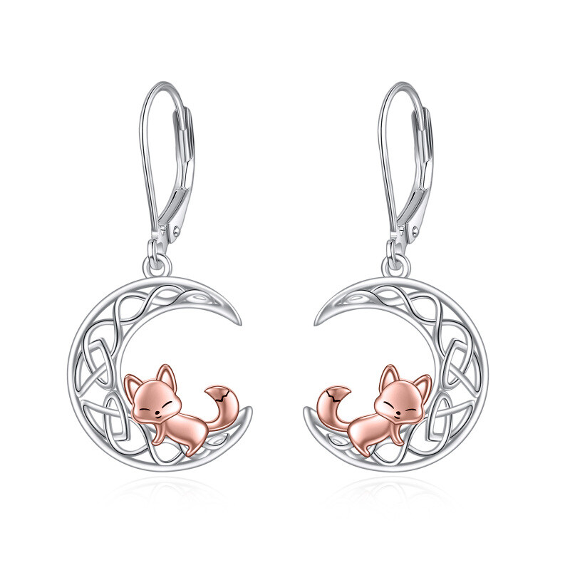 Sterling Silver Two-Tone Fox & Moon With Celtic Knot Lever-Back Earrings For Women-11