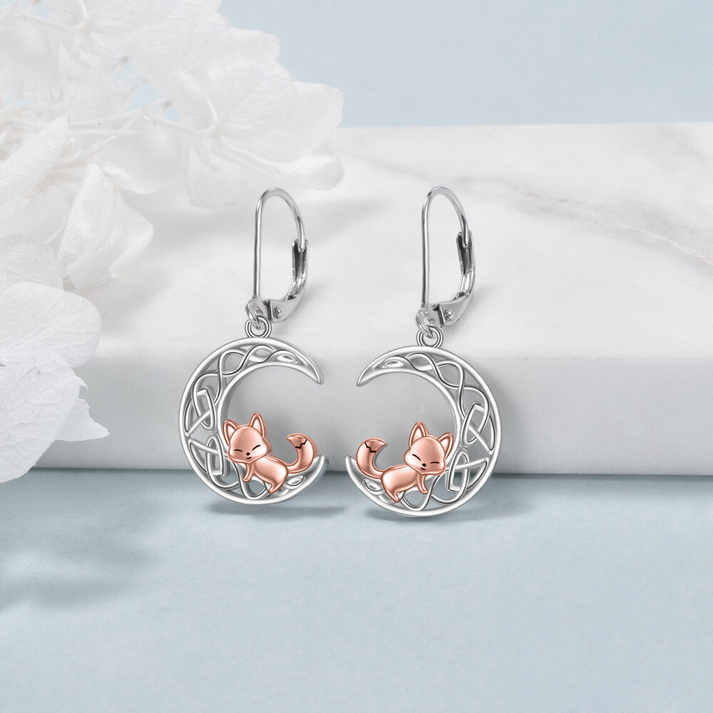 Sterling zilveren tweekleurige Fox & Moon met Keltische knoop hendel-back oorbellen voor dames-3