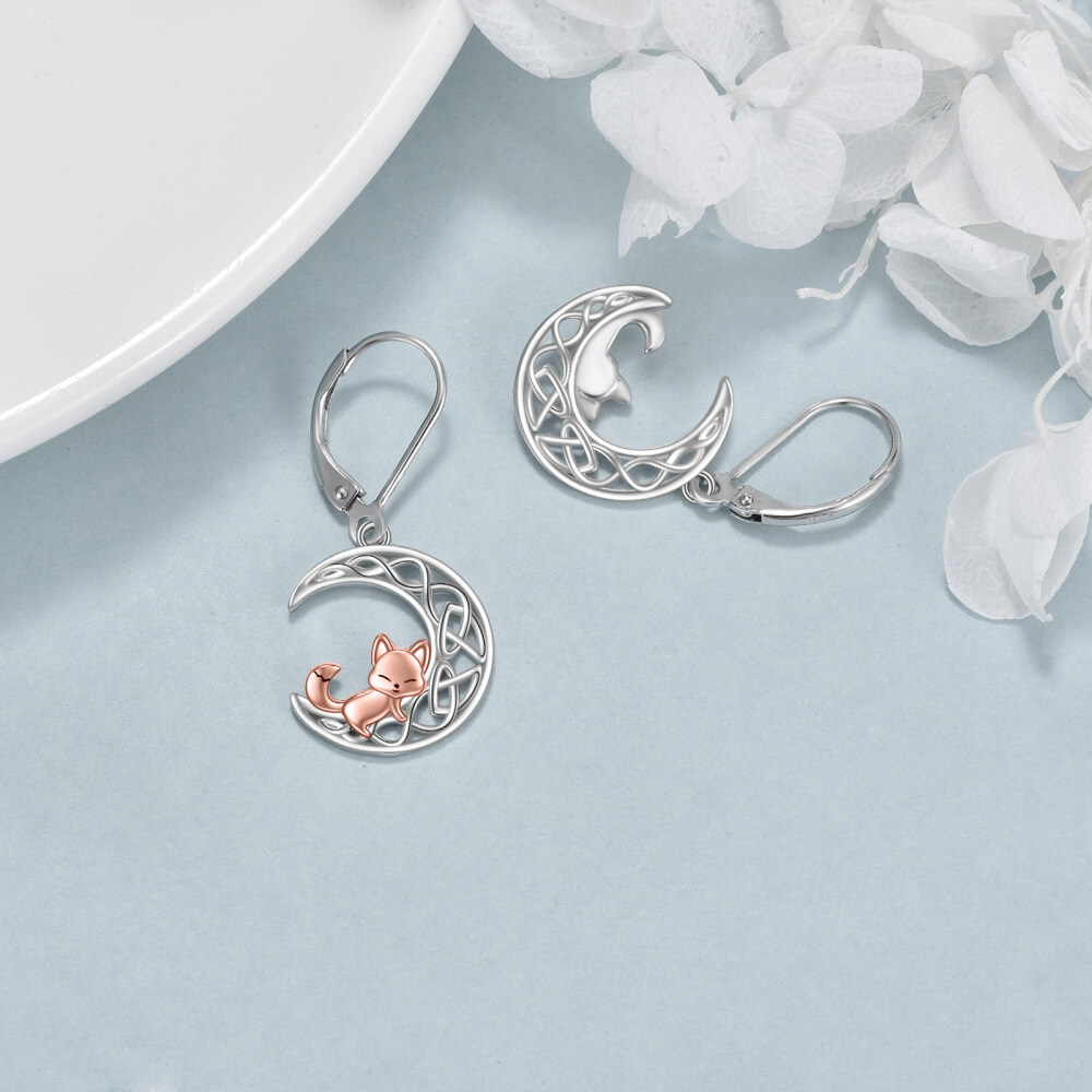 Sterling zilveren tweekleurige Fox & Moon met Keltische knoop hendel-back oorbellen voor dames-4