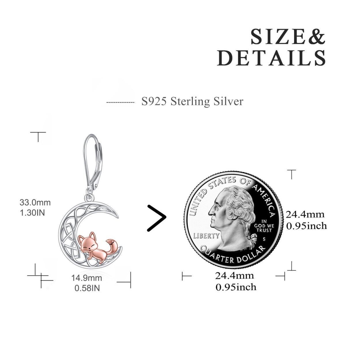 Sterling Silver Two-Tone Fox & Moon With Celtic Knot Lever-Back Earrings For Women-5