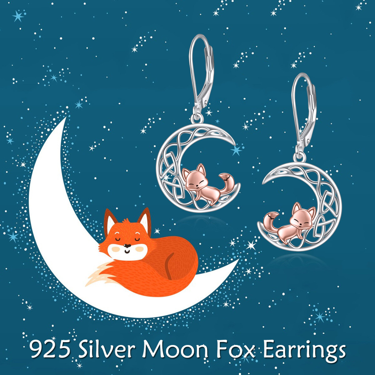 Sterling Silver Two-Tone Fox & Moon With Celtic Knot Lever-Back Earrings For Women-6