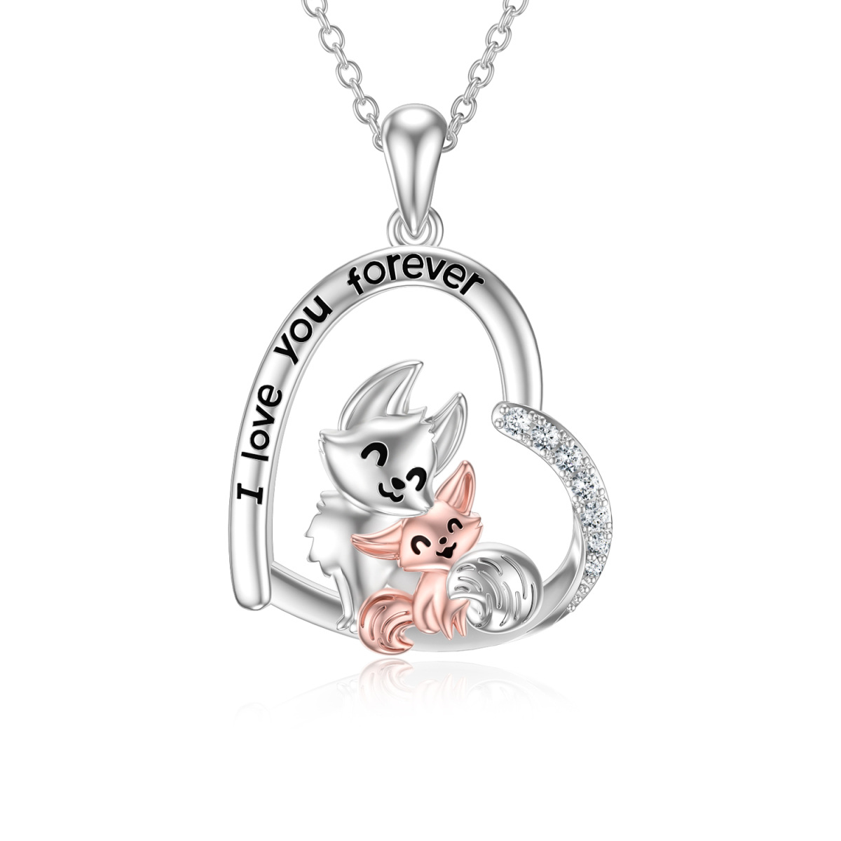 Sterling Silber zweifarbig Cubic Zirkonia Fox Lovers & Herz Anhänger Halskette-1