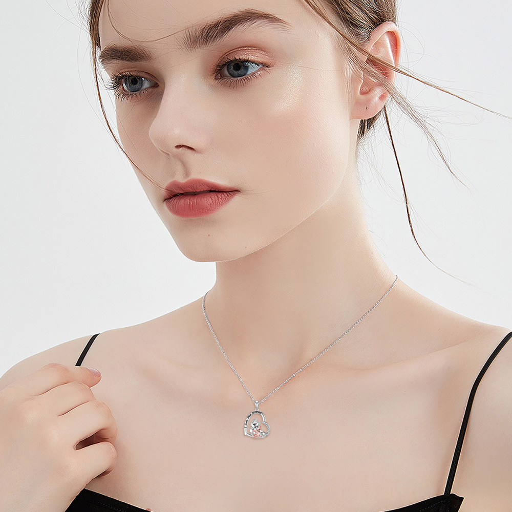 Sterling Silver Two-tone Cubic Zirconia Fox Lovers & Heart Pendant Necklace-2