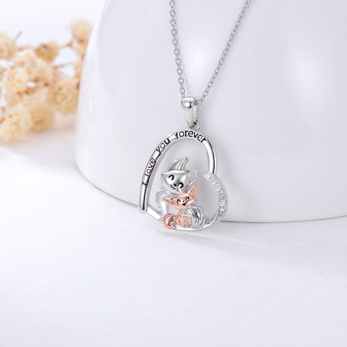 Collier en argent sterling avec pendentif Fox Lovers & Heart en zircon cubique bicolore-3