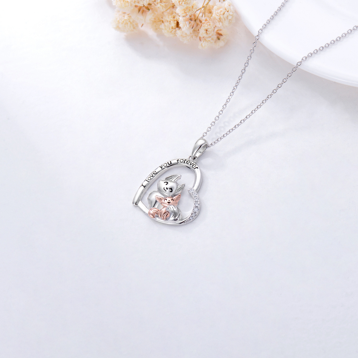 Collier en argent sterling avec pendentif Fox Lovers & Heart en zircon cubique bicolore-4