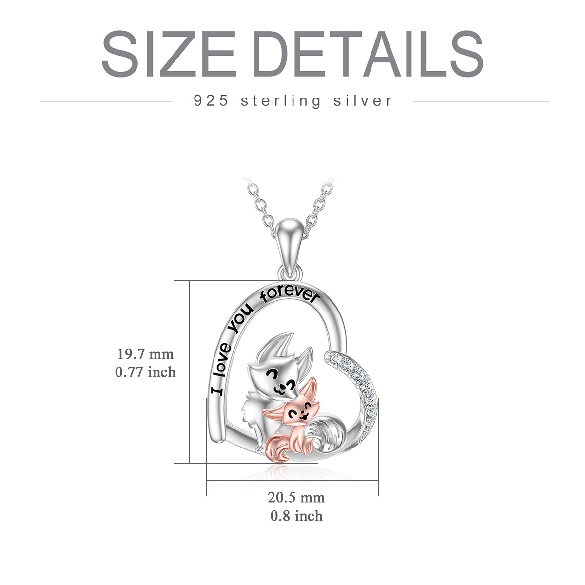 Sterling Silber zweifarbig Cubic Zirkonia Fox Lovers & Herz Anhänger Halskette-5