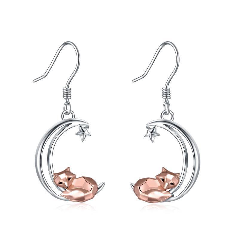 Boucles d'oreilles pendantes renard et lune en argent sterling bicolore-1