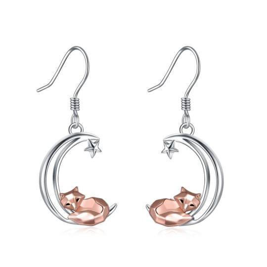 Boucles d'oreilles pendantes renard et lune en argent sterling bicolore